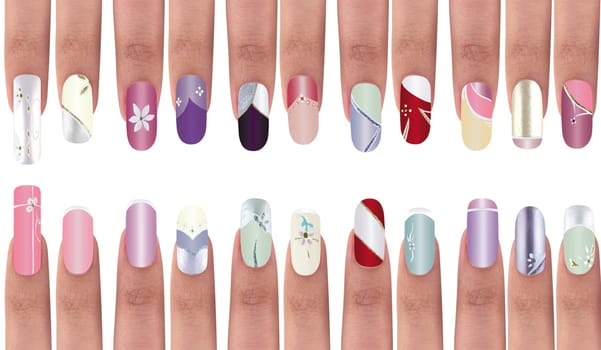 Variety of nail designs on fingers.