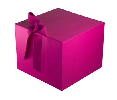 A deep pink gift box with an attached ribbon, sitting at an angle