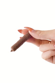 Female hand hold chocolate on white background