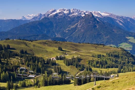 Ski lift under high mountains, Gosau Austria
