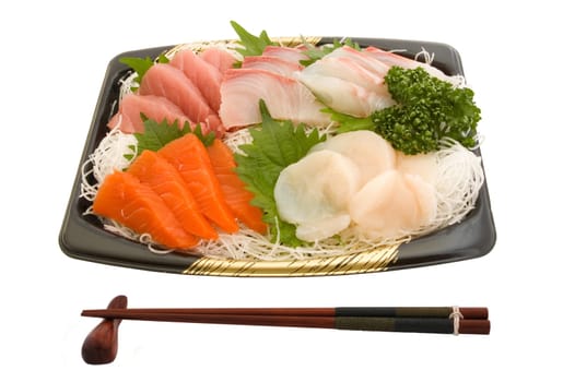 Sashimi and chopsticks isolated on white background