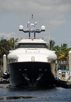 Front view of exclusive luxurious yacht in dock