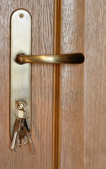 Door closed with keys in lock  a concept for home ownership and,too, for security.
