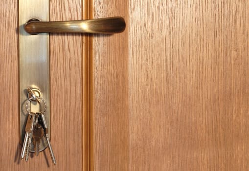 Door closed with keys in lock  a concept for home ownership and,too, for security.