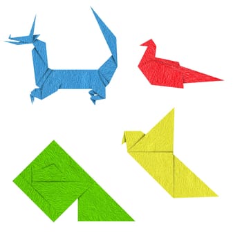 Colorful japanese origami-sparrow, dragon, fish and bird isolated on white background