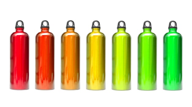 Aluminum bottles in different colors isolated on white