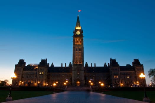 Canadian Parliament at magic hour with a beautiful blue sky