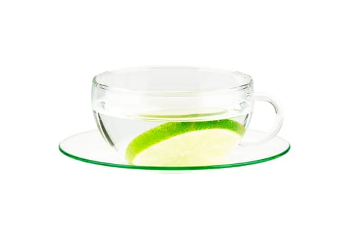 cup of water with lemon, isolated on white background