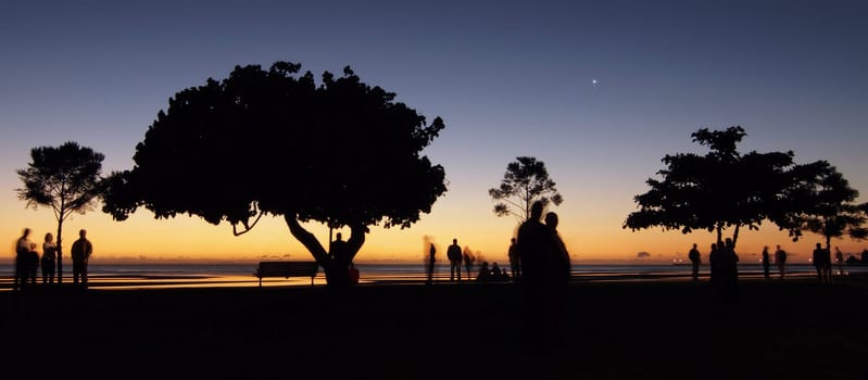 Dark silhouettes waiting in the fading light of day
