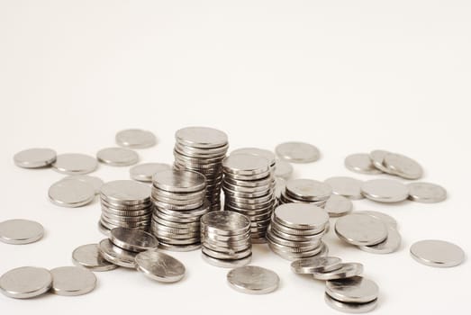 Metal coins stacks close-up