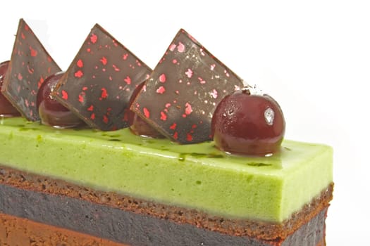 slice of cherry green tea and chocolate cake