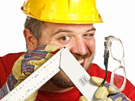 young caucasian handyman check misure on his intrument