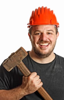 fine close up portrait of caucasian manual worker with hammer