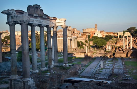 Forum Overview Main Road, Temple of Saturn, Temple of Castor and Pollux, Colosseum Titus Arch Rome Italy