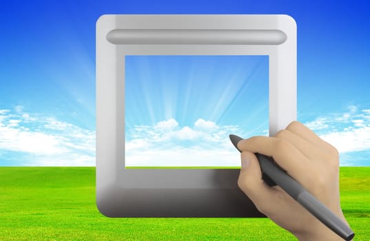 Modern digital tablet with grass and clouds background