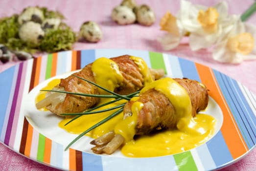 Chicken rolls stuffed ham with asparagus