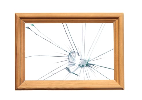 Wooden frame with broken glass for your images. Object with clipping path