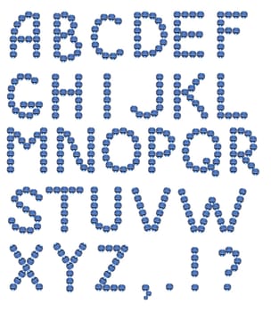 Full english alphabet made from blue glass balls. Object with clipping path