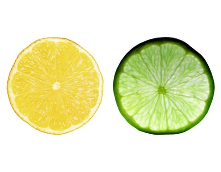 Lime and lemon fruit slice isolated over white background