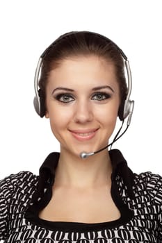 Cheerful customer service operator with headset over white