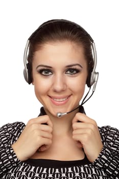 Cheerful customer service operator with headset over white.