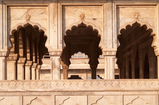White marble colonnaded arches of the Diwan - i-Aam (Public Audience Chamber) in the Red Fort, Agra, India