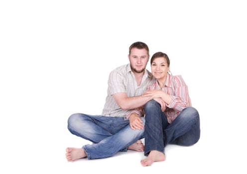 happy young couple together on white background