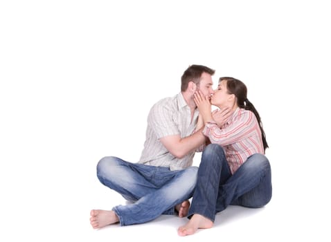 happy young couple together on white background
