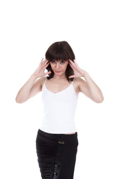 The beautiful girl has put hands to temples because of irritation from the interlocutor