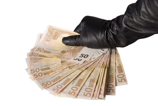 Fan of 50 Euro bank notes in women's hand with a leather glove isolated over white background.
