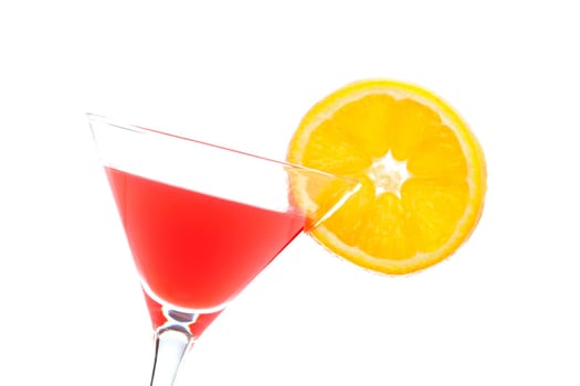 A glass of fresh strawberry cocktail with orange slice isolated on white background