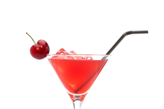 A glass of fresh strawberry cocktail with cherry isolated on white background