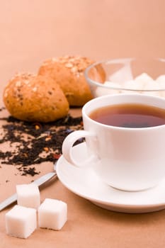 cup of tea, mozzarella and bread closeup