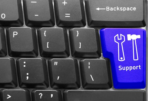 Close-up of Computer keyboard,  with blue "Support"" key"