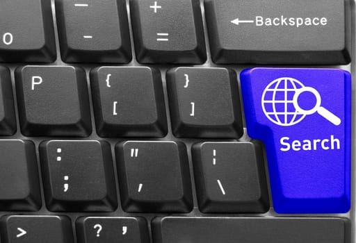 Close-up of Computer keyboard,  with blue "Search"" key"