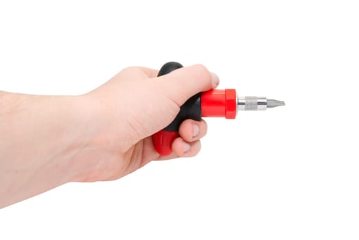 Hand with  red screwdriver isolated on a white background