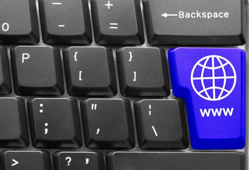 Close-up of Computer keyboard, with blue "WWW"" key"
