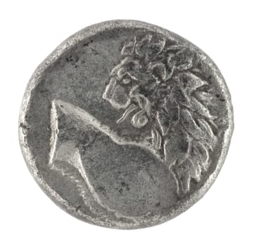 Lion on ancient Greek half drachm from 350 BC isolated in white