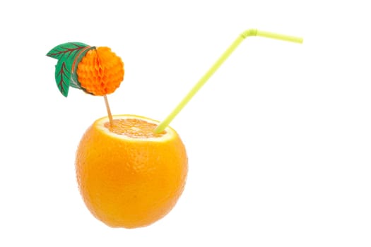 A fresh orange with straw isolated on white background. Shallow depth of field