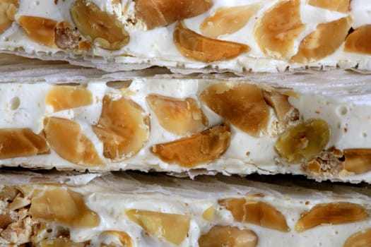 almonds and honey sweet nougat from spain, macro detail
