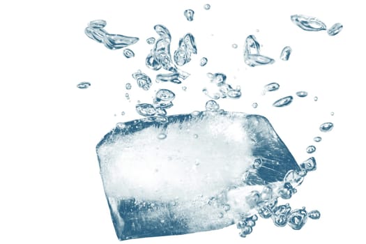 Ice cube with bubbles in water. Isolated on white background with clipping path