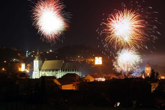 Fireworks in old town Brasov, Romania