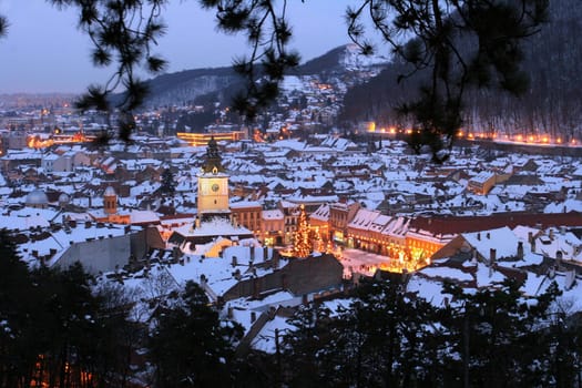 Night view of Brasov city, old town, Romania