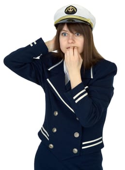 The scared girl - the sea captain on a white background