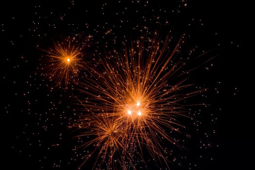 Fireworks exploding in the dark of the evening sky.