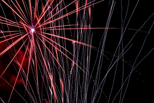 Fireworks exploding in the dark of the evening sky.
