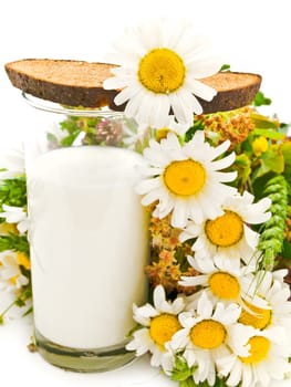 Photo of the bread milk and camomile against the white background