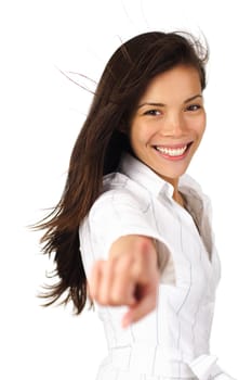 Beautiful woman pointing or pressing a button. Isolated on white background.
