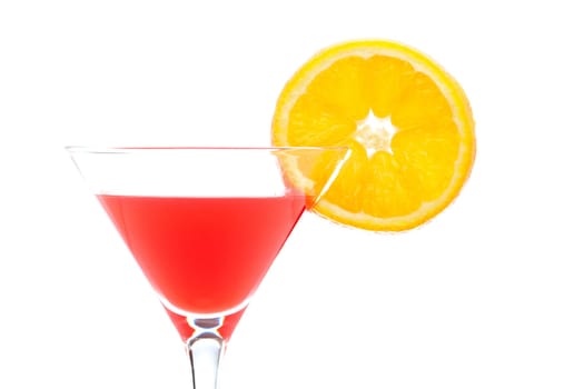 A glass of fresh strawberry cocktail with orange slice isolated on white background