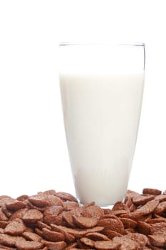 A fresh milk tumbler and chocolate cornflakes on white background. Shallow depth of field